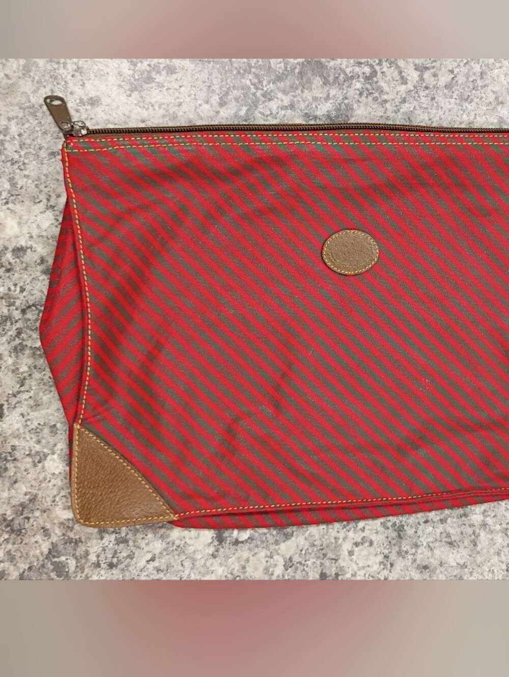 Red Diagonal Stripe Travel Pouch with Brown Trim